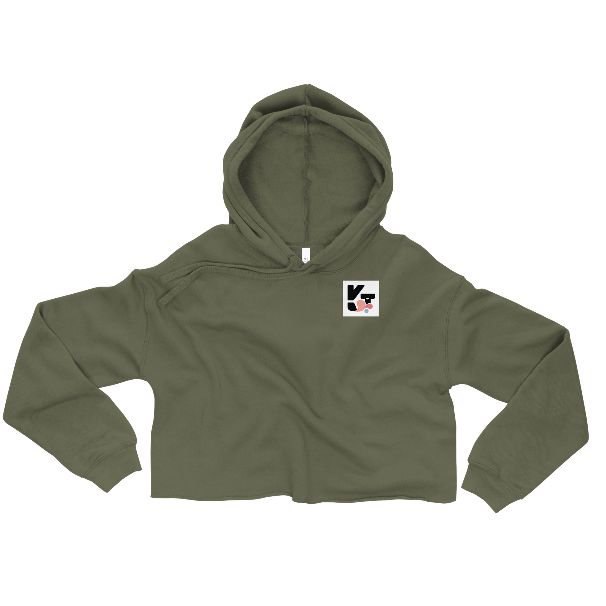 Kurzer Crop-Hoodie in militärgrüner Farbe mit einem stilisierten Papillon-Motiv als Aufnäher. Der Hoodie ist ein modisches Sportaccessoire, das Hundesportbegeisterte und aktive Menschen anspricht.