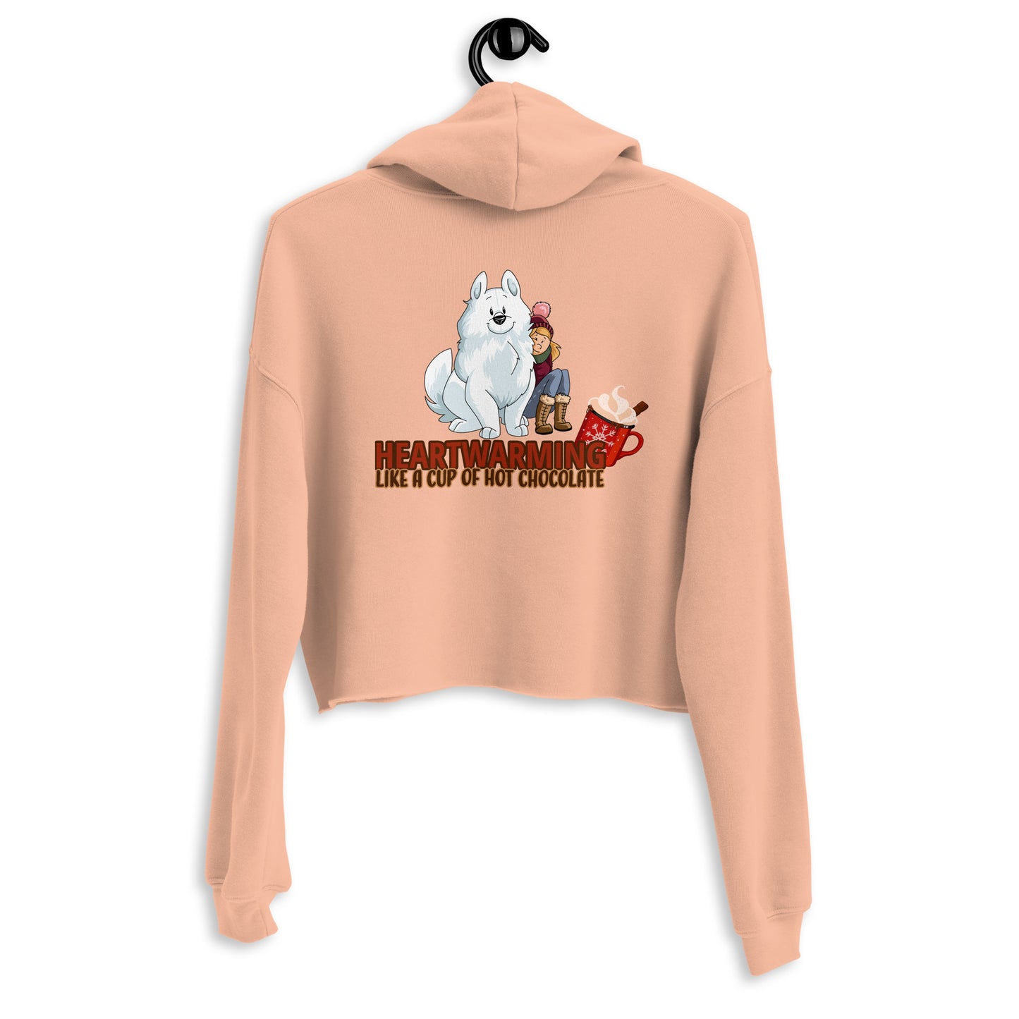 Beigefarbener Crop-Hoodie mit Aufschrift "Heartwarming" und einem süßen karikaturartigen Bild eines weißen Hasen, der ein Schokoladenherz in der Hand hält.