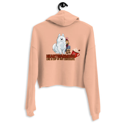 Beigefarbener Crop-Hoodie mit Aufschrift "Heartwarming" und einem süßen karikaturartigen Bild eines weißen Hasen, der ein Schokoladenherz in der Hand hält.