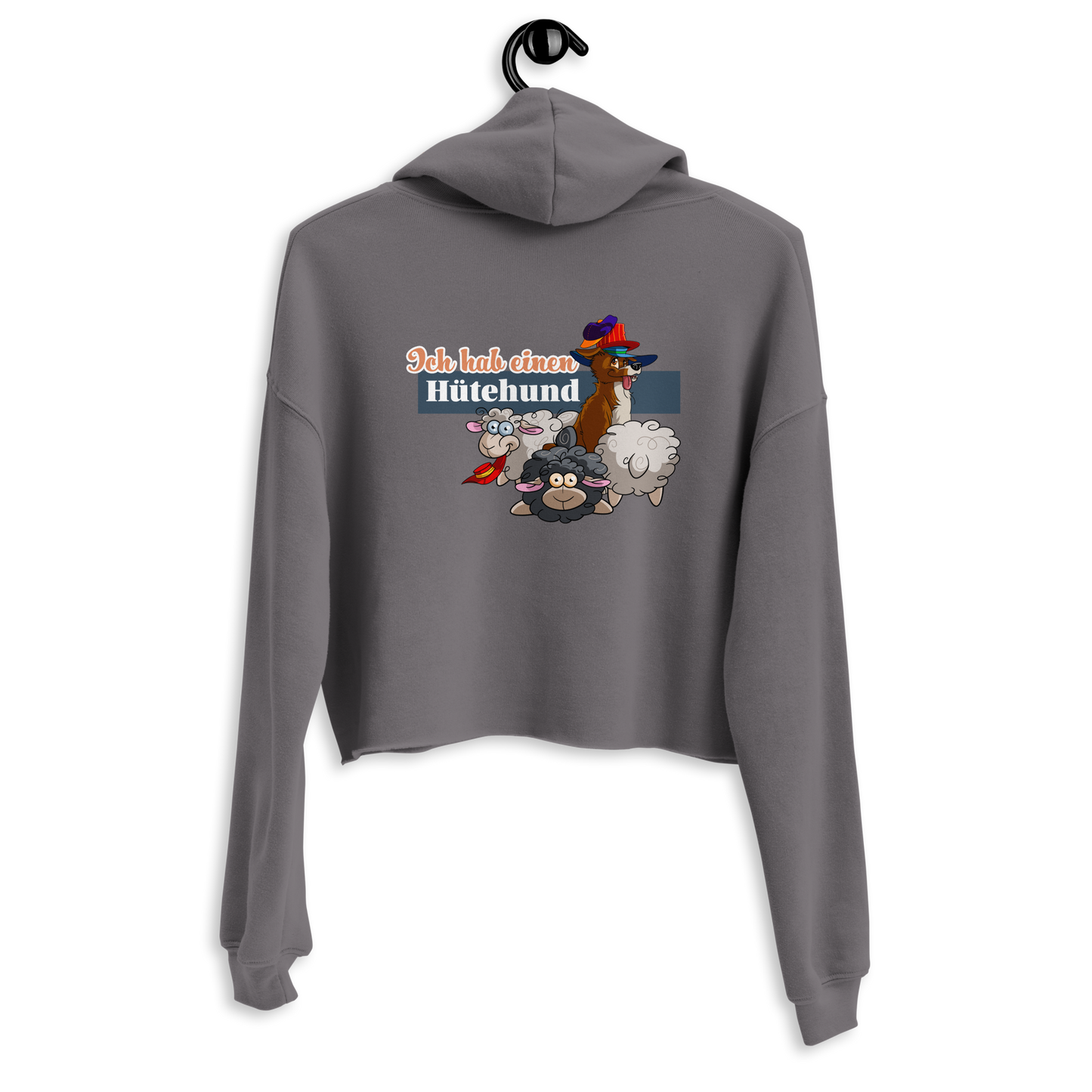 Stilvoller Crop-Hoodie "Hütehund" mit granem Design und niedlichen Motiven von Klexgetier, dem Webshop für Hundeliebhaber und Sportbegeisterte im Agility-Hundesport. Personalisierte Kleidung und anpassbare Accessoires für kleine und große Sportler.