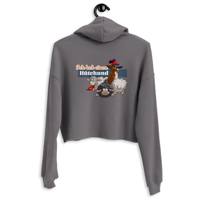 Stilvoller Crop-Hoodie "Hütehund" mit granem Design und niedlichen Motiven von Klexgetier, dem Webshop für Hundeliebhaber und Sportbegeisterte im Agility-Hundesport. Personalisierte Kleidung und anpassbare Accessoires für kleine und große Sportler.