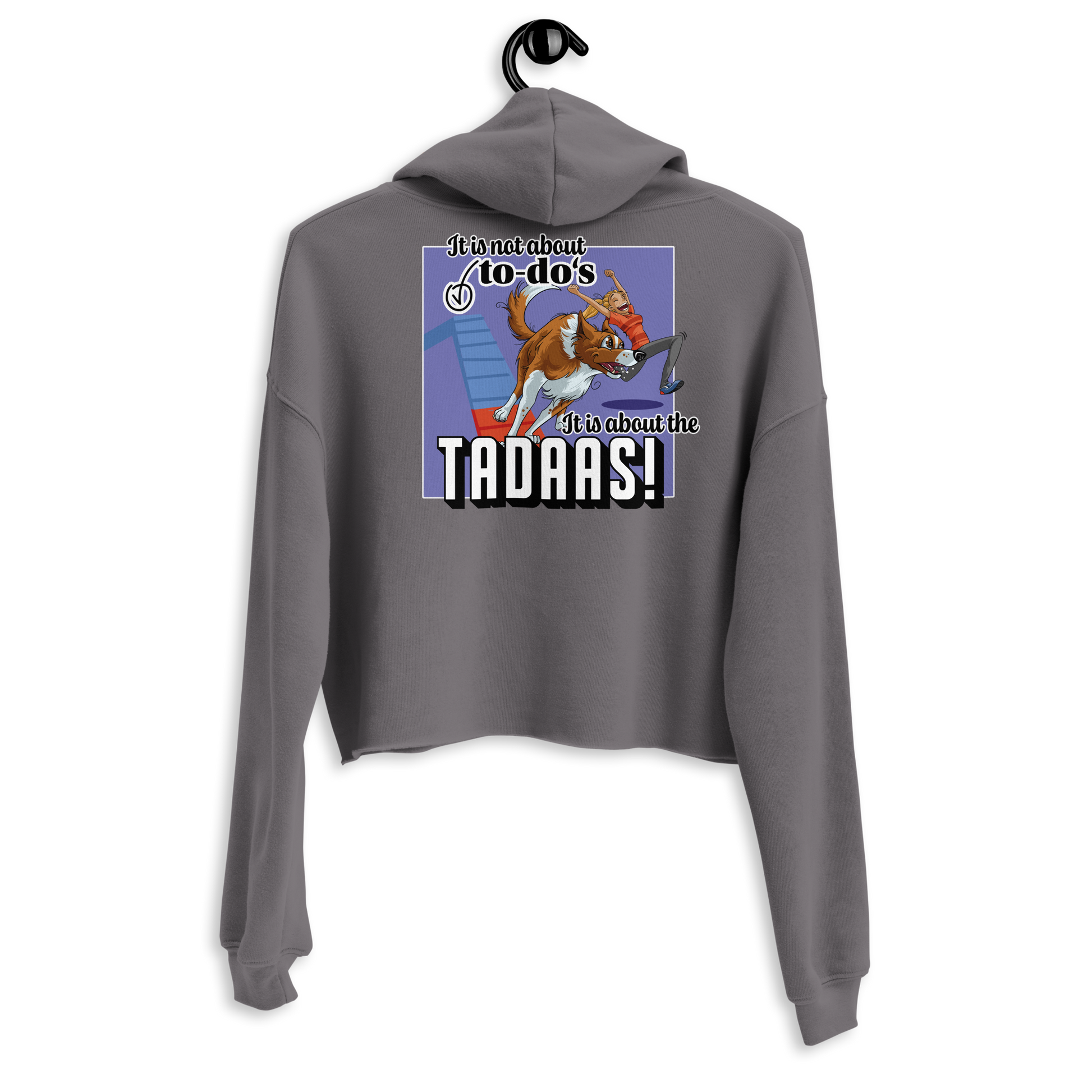 Grau-schwarzer Crop-Hoodie mit lässigem Agility-Hund-Motiv und der Aufschrift "Tadaas!" von der Marke Klexgetier