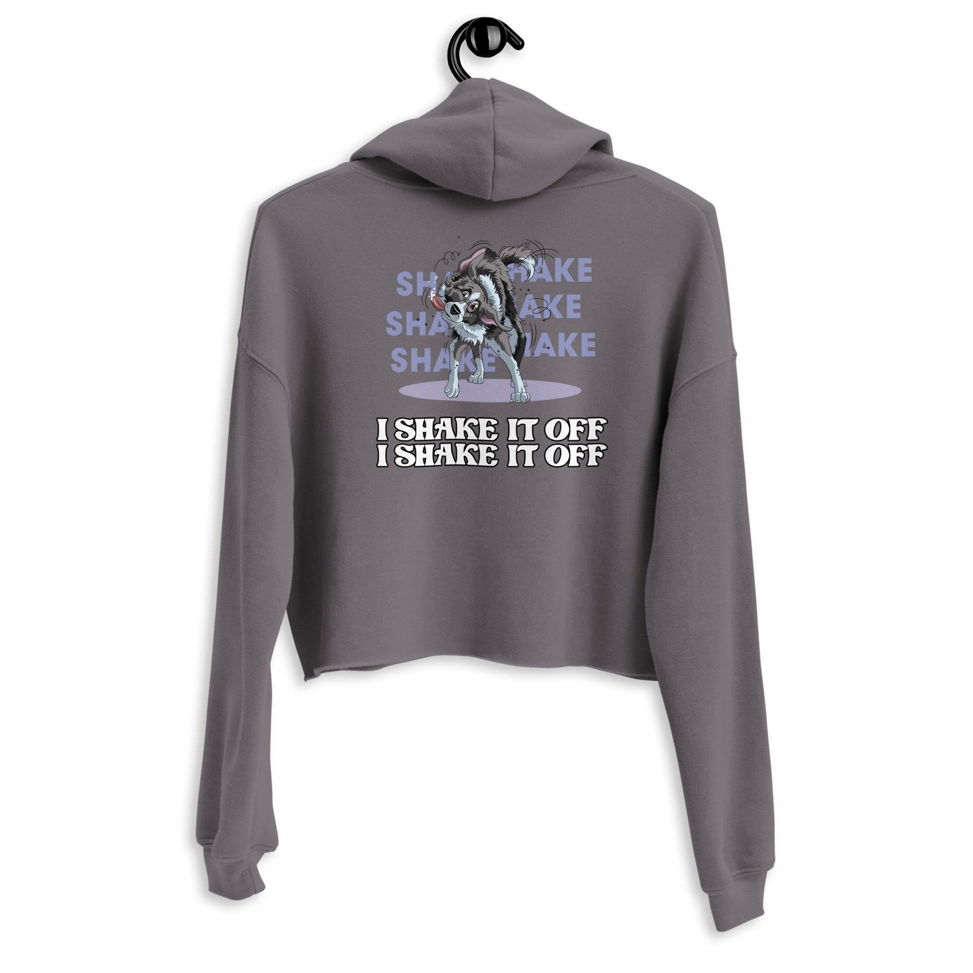 Grauer Crop-Hoodie mit Aufdruck "Shake it off" und niedlicher Bulldogge-Grafik auf der Vorderseite.