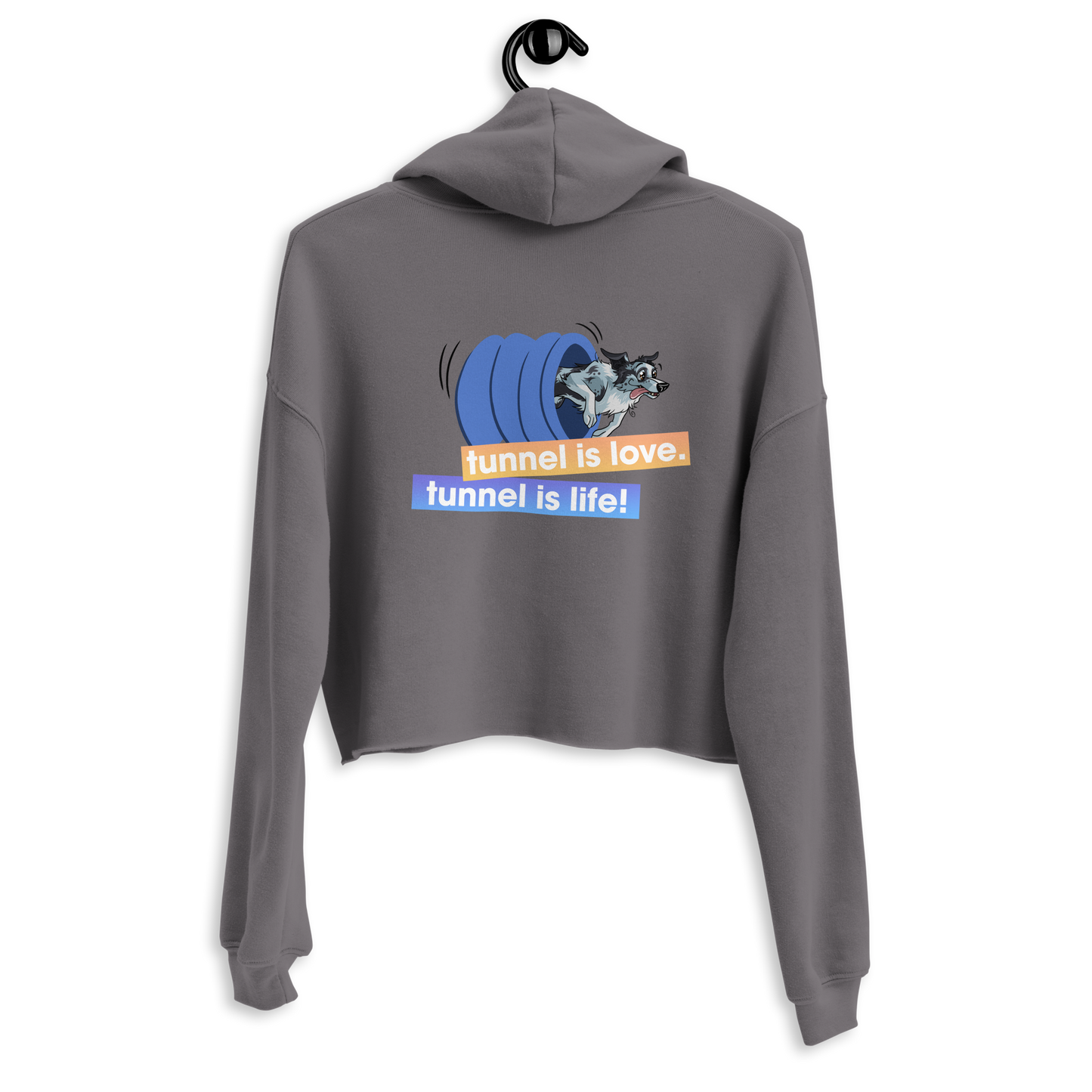 Crop-Hoodie "Tunnel is Love" - Graues, hochwertiges Kurzjacke mit modischen Grafikaufdruck von Klexgetier. Die Aufschrift "Tunnel is Love, Tunnel is Life!" unterstreicht die Liebe zum Hundesport.