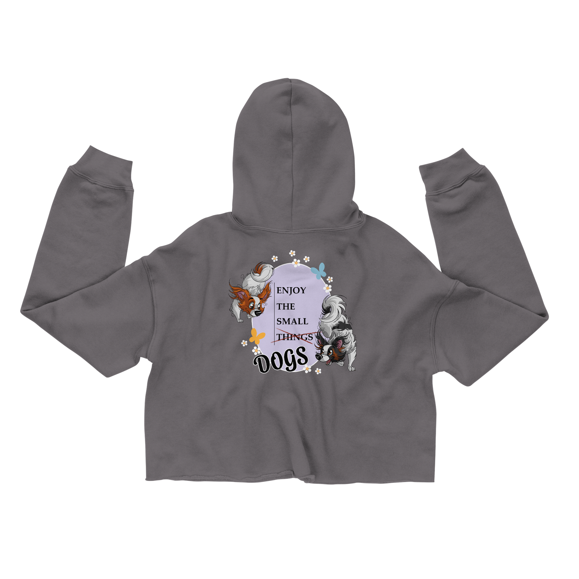 Grauer Crop-Hoodie mit Hundemotiv und dem Schriftzug "Enjoy the Small Things Dogs"