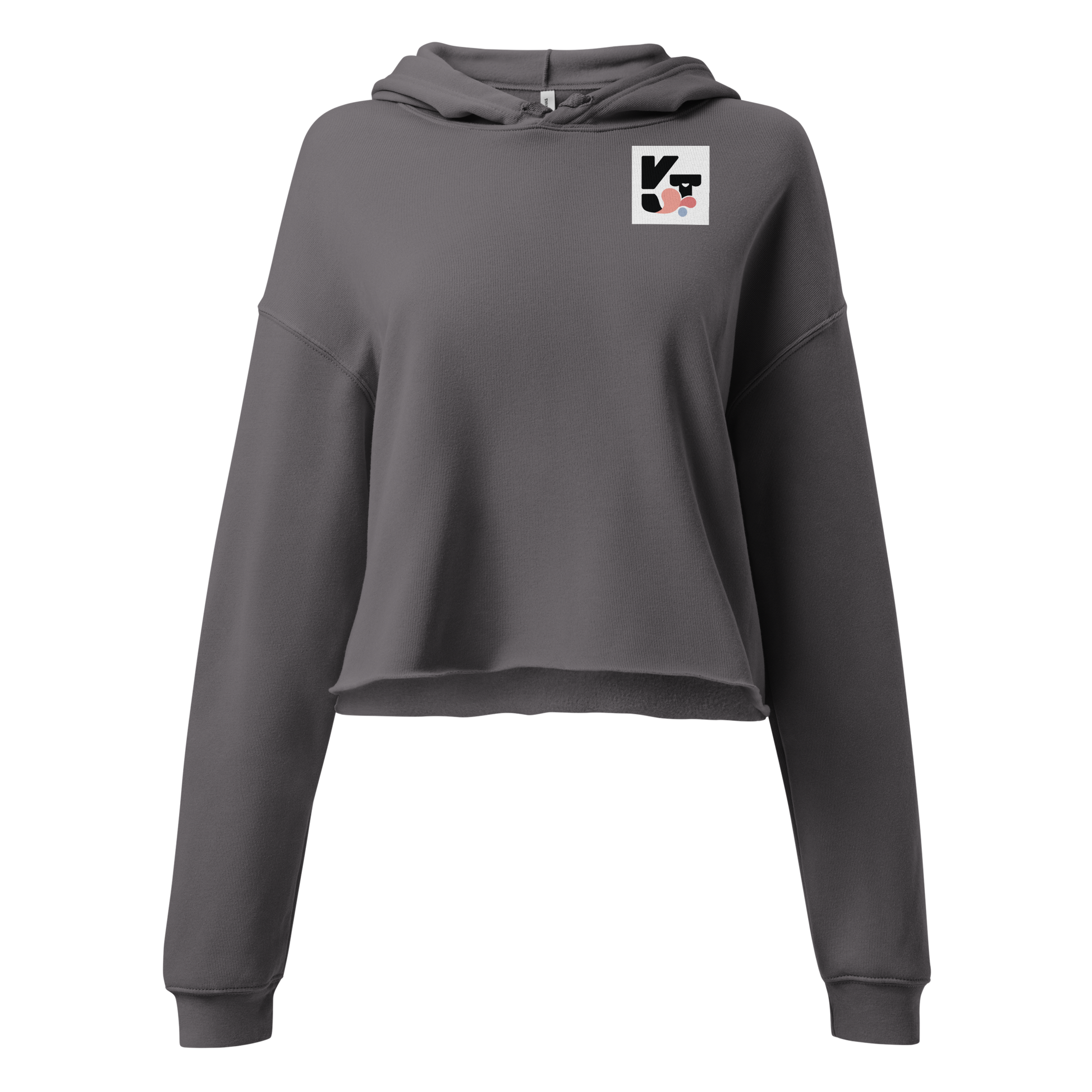 Stilvoller Crop-Hoodie "Small Things Papillons" von der Marke Klexgetier, in grauer Farbe mit einem Branding-Patch auf der Vorderseite. Der Hoodie ist ideal für Hundeliebhaber und Sportbegeisterte, die den Agility Hundesport ausüben.